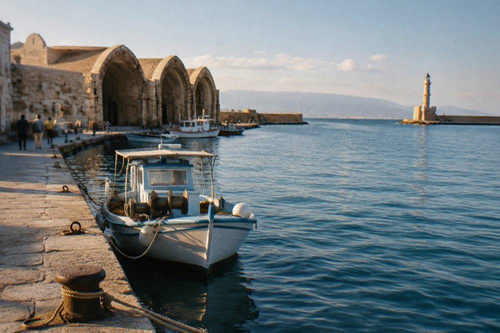 Stone sea walls and arched shipyard vaults standing along a harbour quay in warm afternoon light