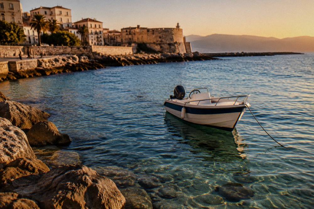 A small motor boat anchored in clear shallow water near a rocky Cretan shoreline