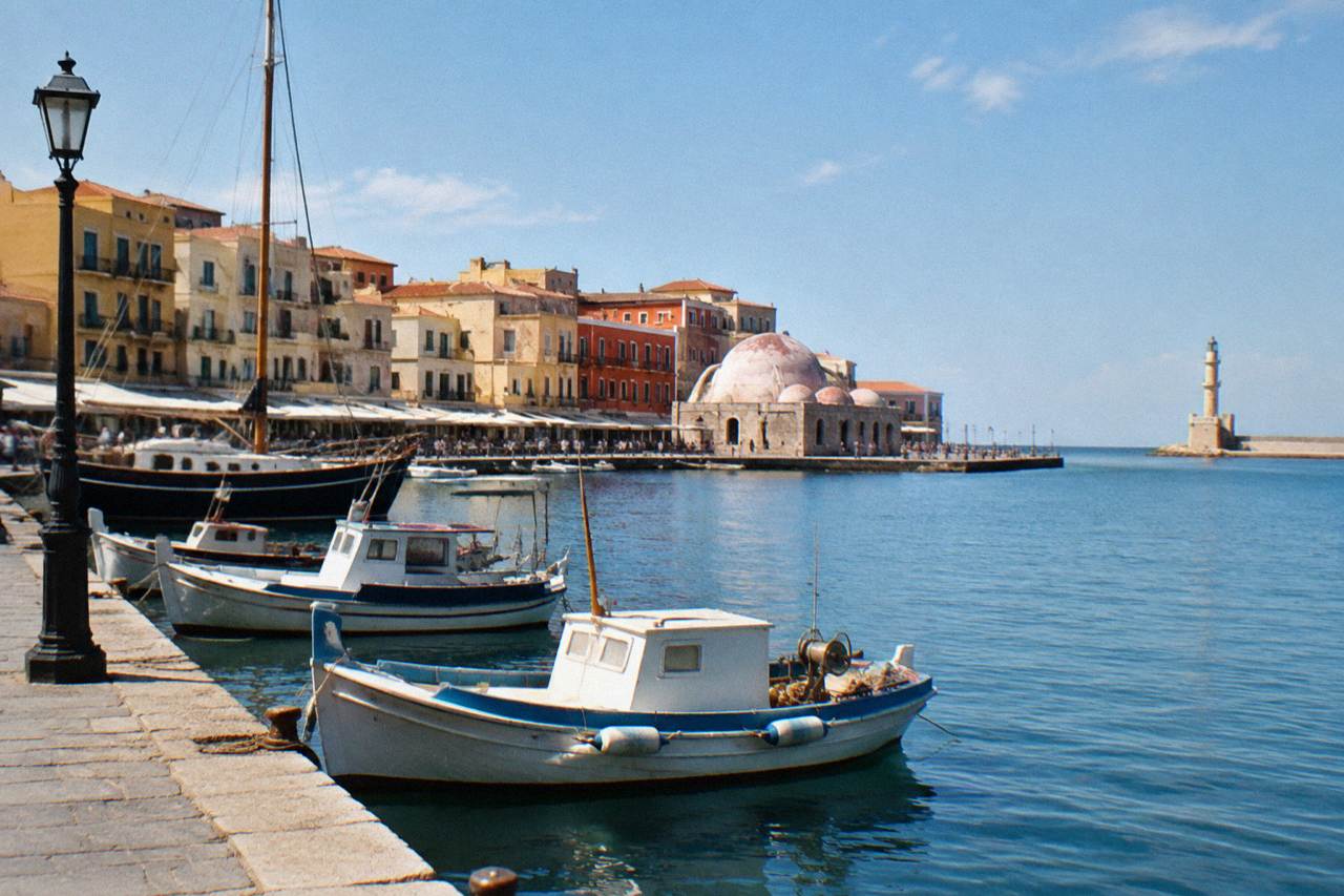 Harbour front with old buildings and boats moored along the quay in Chania