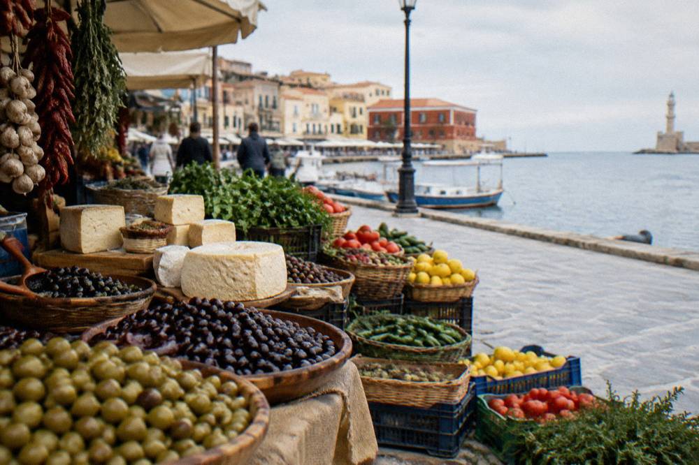Market stall with olives, cheese and fresh produce in Chania