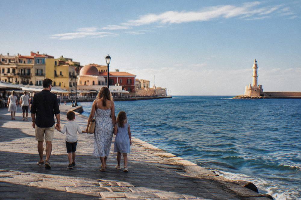 Family walking together along the harbour wall in Chania in late afternoon light