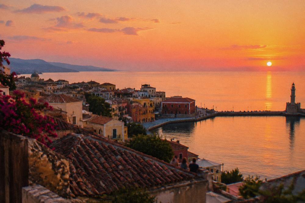 Wide view over the tiled roofs of Chania Old Town toward the sea at sunset