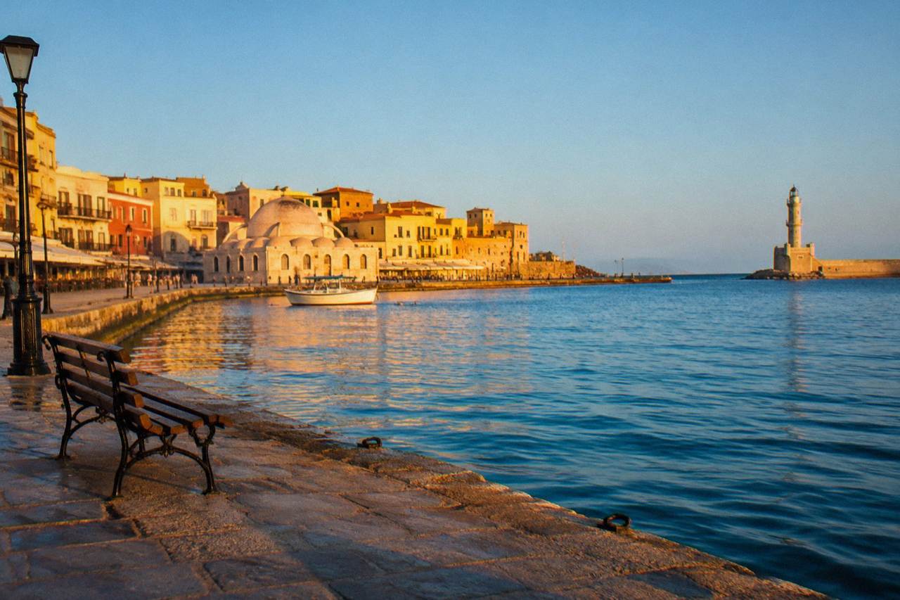 The Venetian Harbour of Chania under a clear blue summer sky