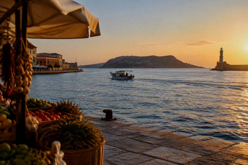 A small boat crossing open water between Chania and a nearby island