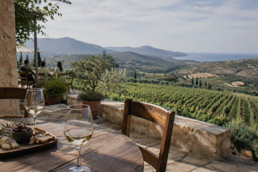 A winery terrace overlooking rows of vines and hills in western Crete
