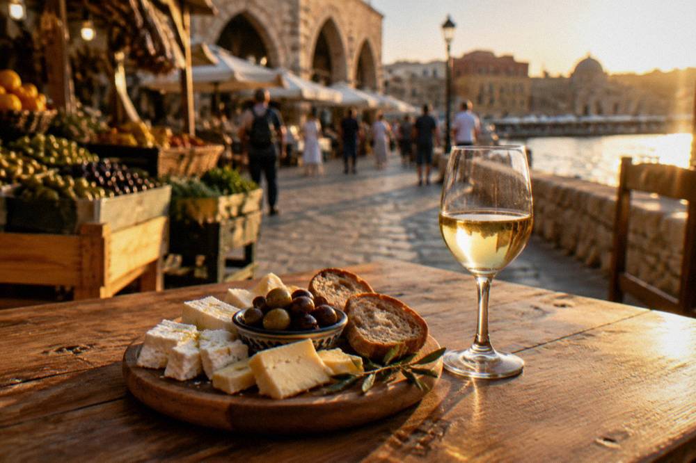 A tasting plate of cheese, olives and bread next to a glass of white wine