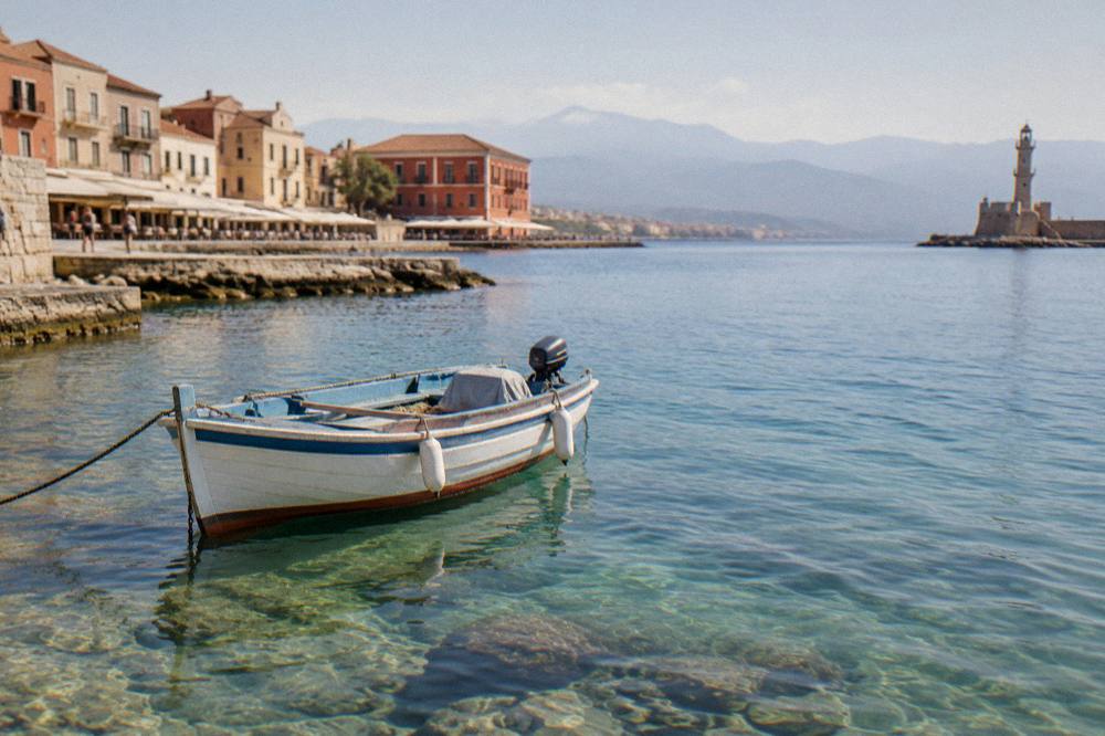 A small boat anchored in clear shallow water near a Cretan beach
