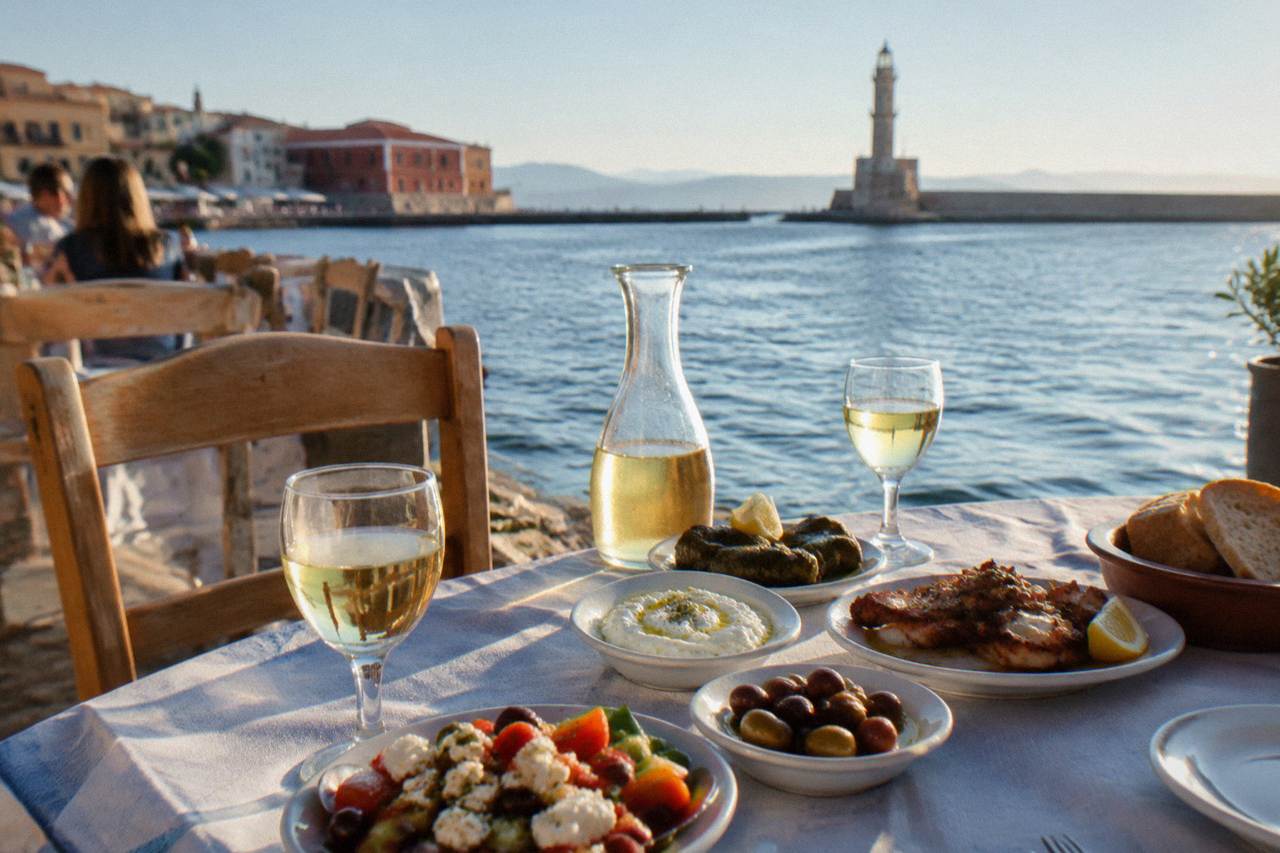 A restaurant table beside the Venetian Harbour in Chania with small plates of Cretan food and a carafe of wine