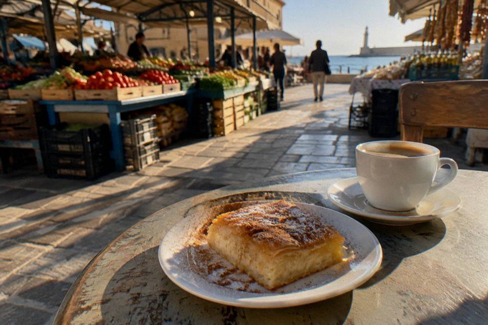 A warm slice of bougatsa dusted with sugar and cinnamon on a small plate beside a coffee