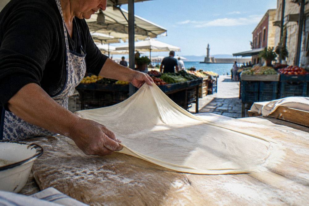 Hands stretching thin phyllo pastry on a floured wooden table in a village kitchen