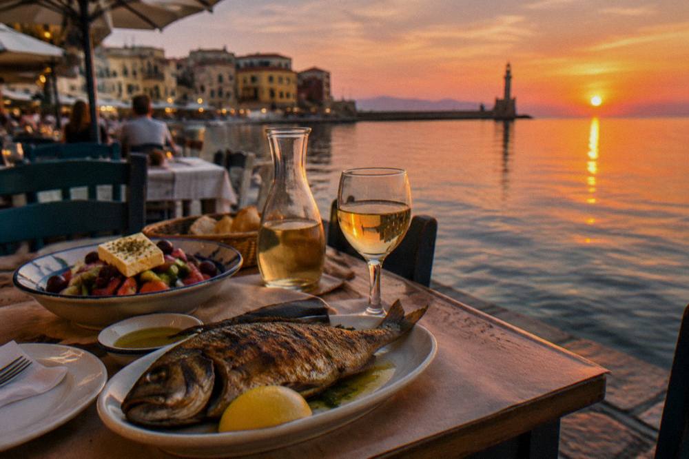 A taverna table at dusk with grilled fish, lemon, salad and a carafe of house wine