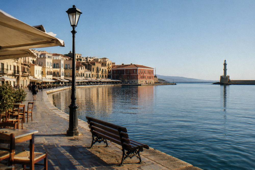 A calm summer morning over the seafront of a Cretan coastal town with clear sky and still water
