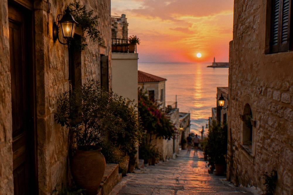 A narrow old street with stone buildings and warm evening light in a Cretan town centre