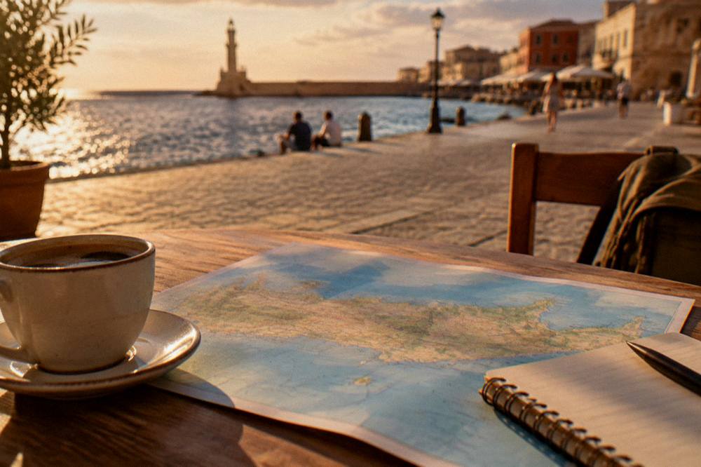 A tabletop travel planning scene with a printed map of an island, a notebook and a coffee cup