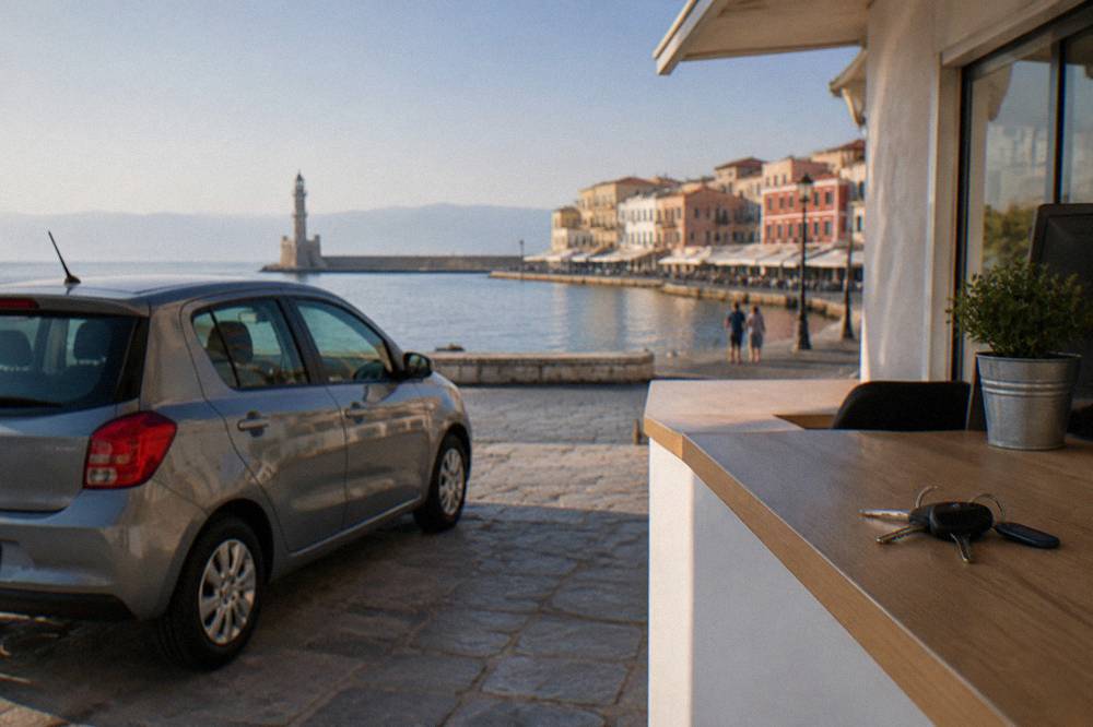 A hire car parked beside a rental desk counter with a set of keys on the counter