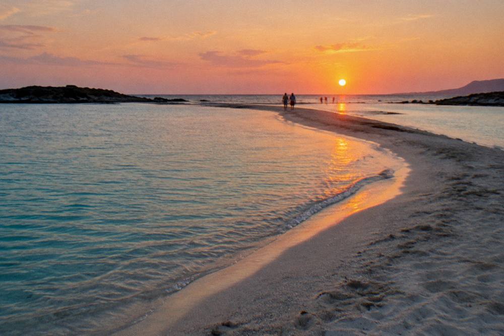 Two arms of turquoise water meeting at a sandy point under an evening sky