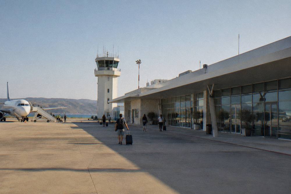 The terminal building of a small regional airport under a clear sky in daylight