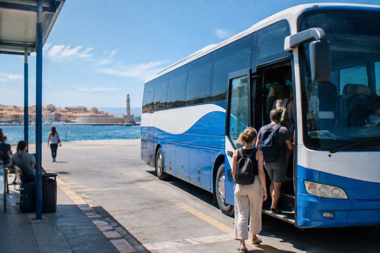 A blue and white intercity bus parked at a station in Chania with passengers boarding