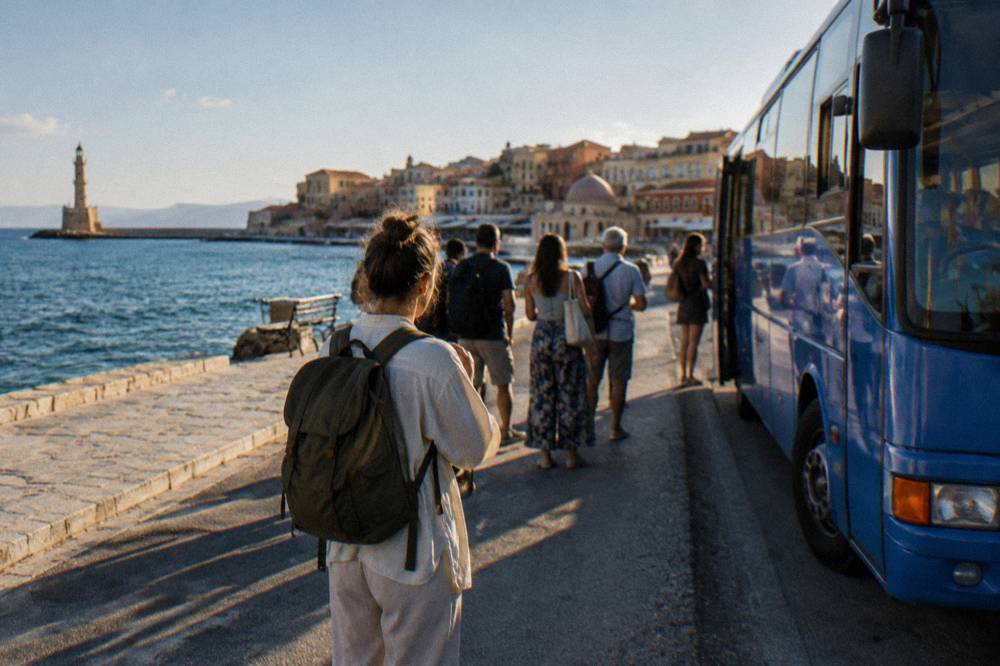 Passengers waiting beside a blue regional bus on a coastal road in Crete
