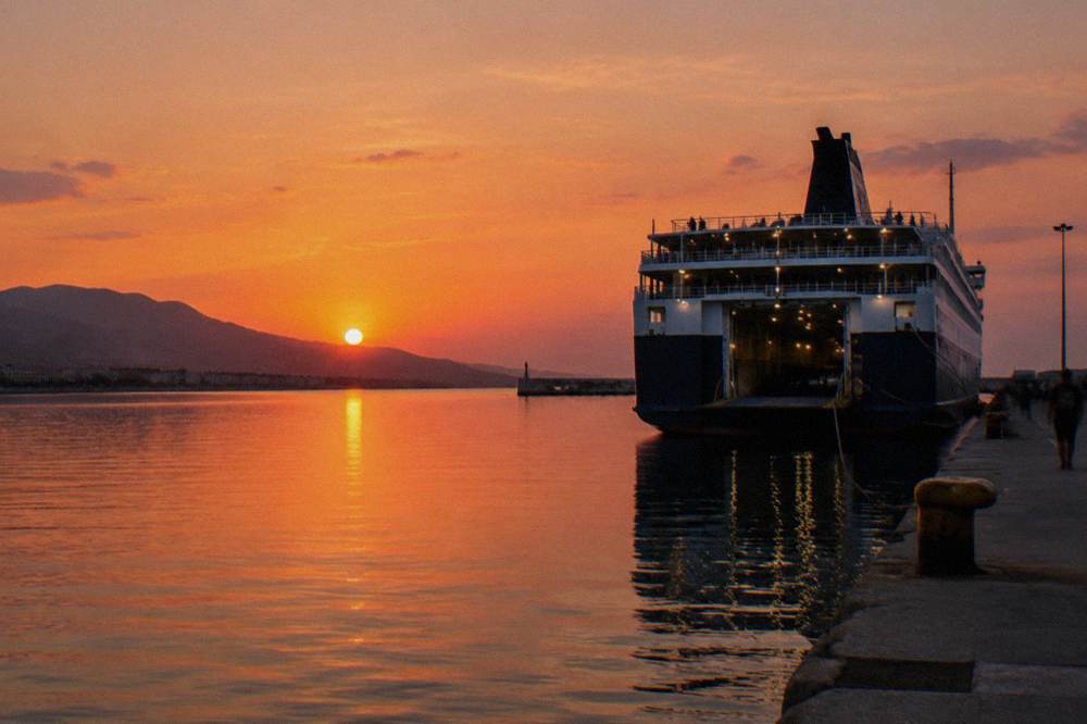 A large ferry docked at Souda port near Chania at dusk