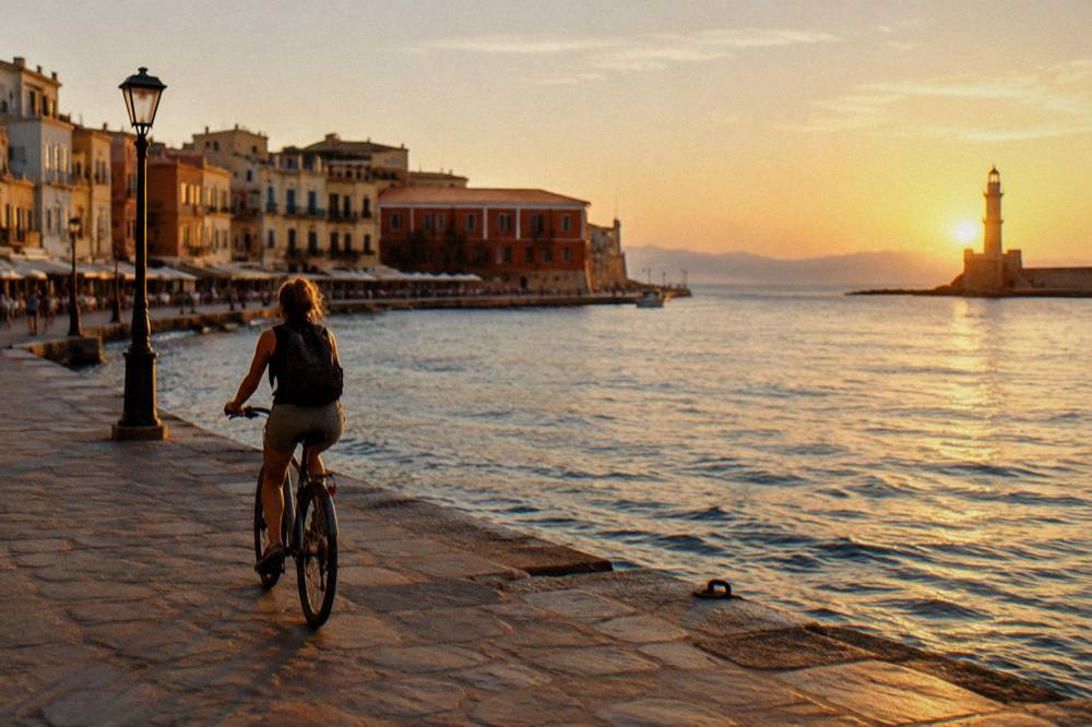 A cyclist riding along the seafront promenade in Chania with the harbour in the background