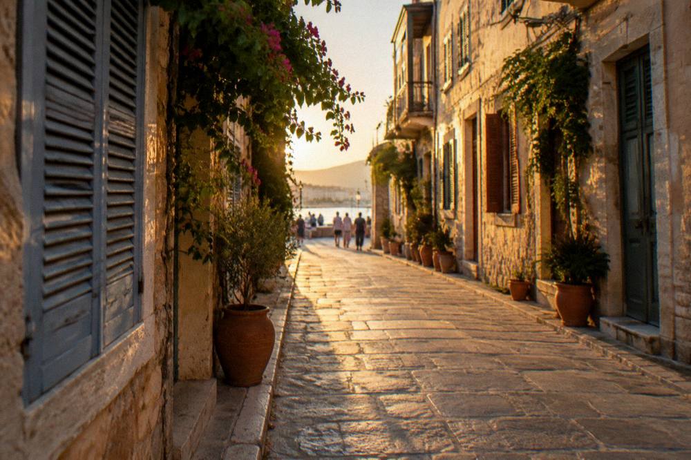 Narrow stone-paved alley in Chania Old Town with shuttered buildings and hanging plants