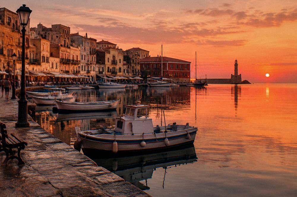 A Venetian harbour front at dusk with warm light on old stone buildings and boats moored along the quay