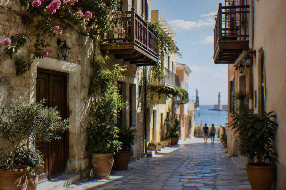A narrow stone street in Chania Old Town with wooden balconies and potted plants