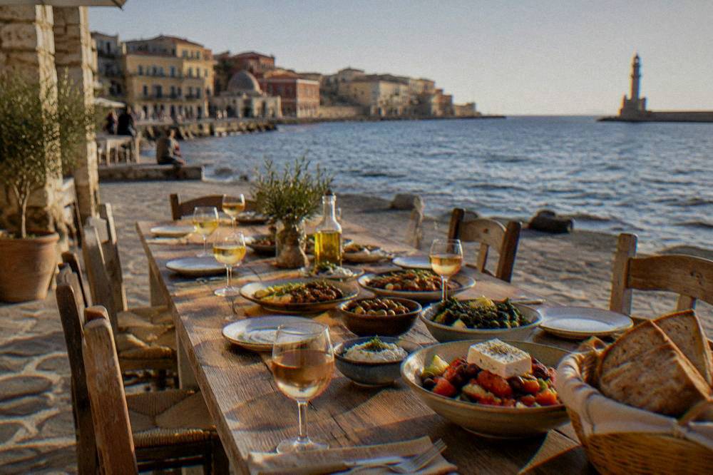 A long table set with Cretan dishes, bread, olive oil and wine glasses outdoors