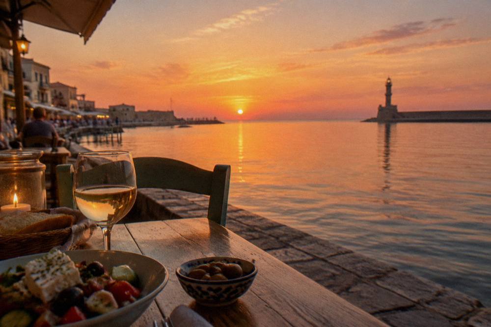 An evening table outside a taverna beside the Venetian Harbour in Chania