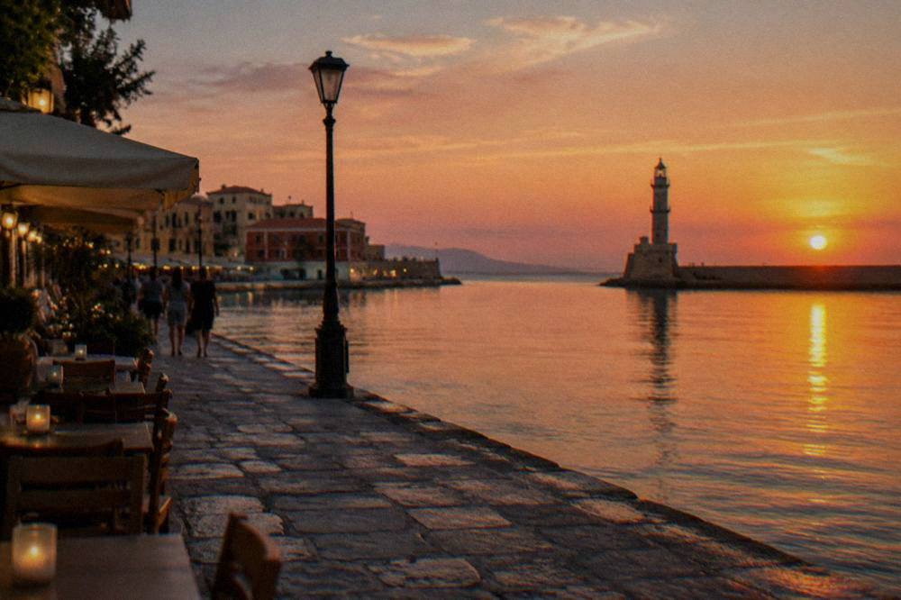 Evening light on the seafront promenade in Chania