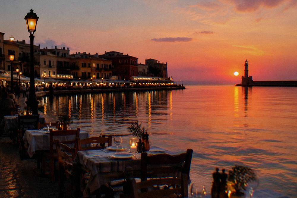 Evening lights reflecting on the water of Chania harbour with tables set out along the quay