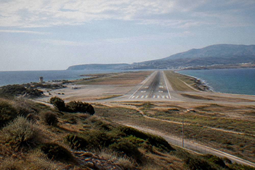 wide of Chania airport runway on the Akrotiri peninsula with the sea on both sides