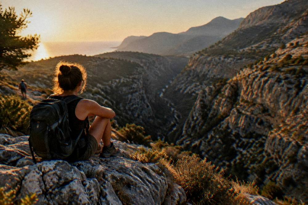 Hiker resting at a viewpoint above a gorge in the White Mountains of Crete