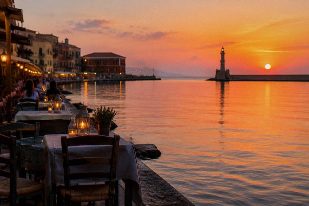 Taverna tables lit along the water at the Venetian Harbour in Chania at dusk