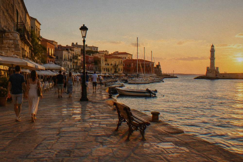 People strolling the flat waterfront promenade of Chania toward the marina