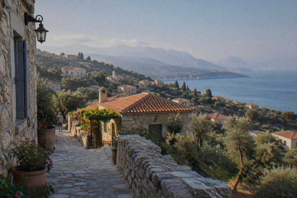 A small mountain village of stone houses with terracotta roofs set among olive groves on a hillside