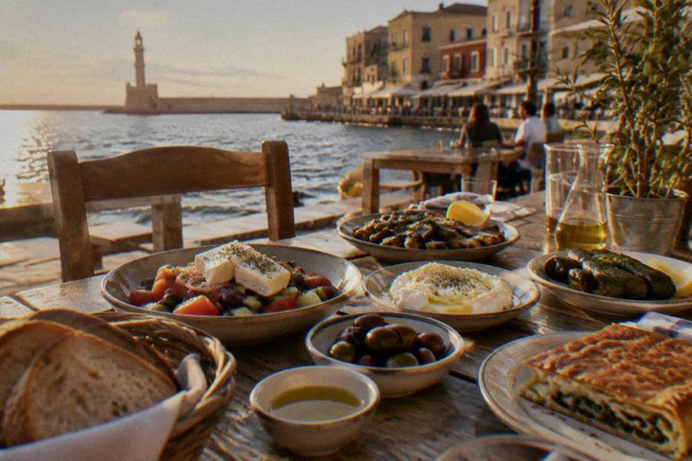 A table of Cretan dishes with bread, olive oil, cheese and small plates in an Old Town taverna