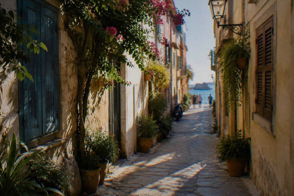 Narrow stone alley in the old quarter with shuttered buildings and hanging plants