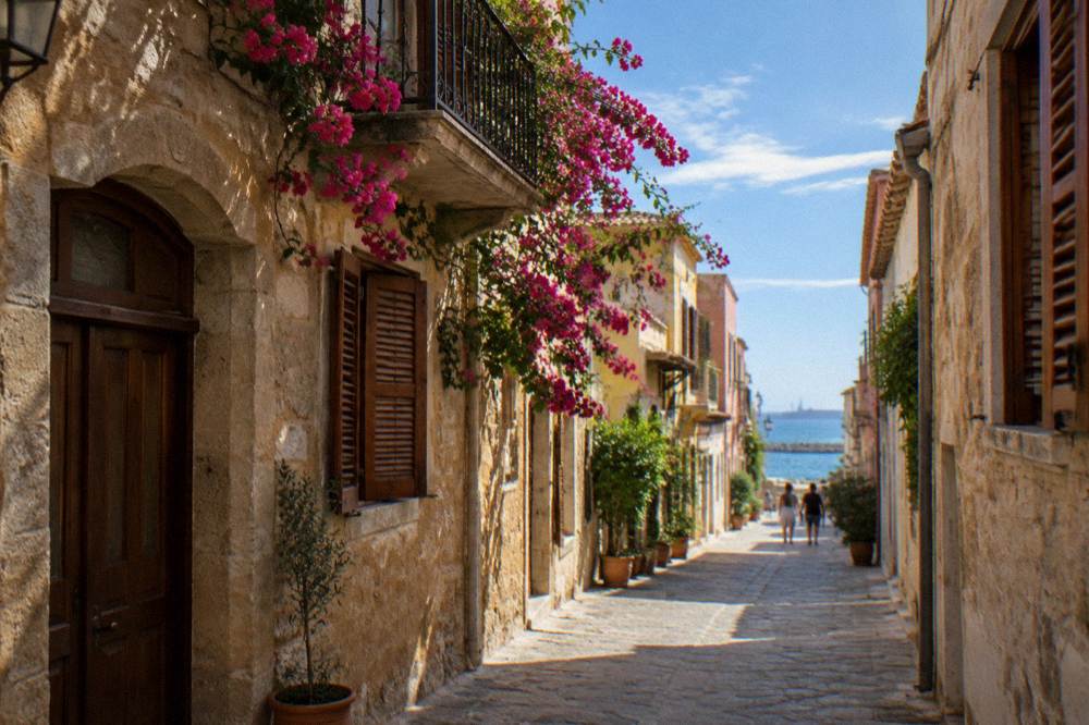 A narrow stone lane between Venetian townhouses with shutters and bougainvillea in the old town of Chania