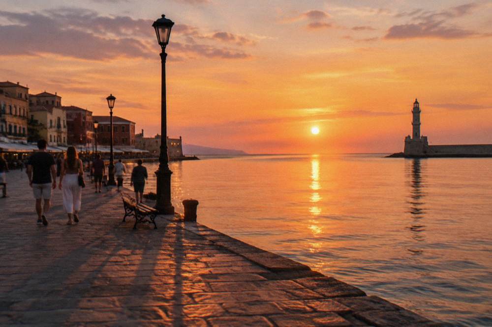 The Chania harbour waterfront at sunset with the lighthouse in the distance