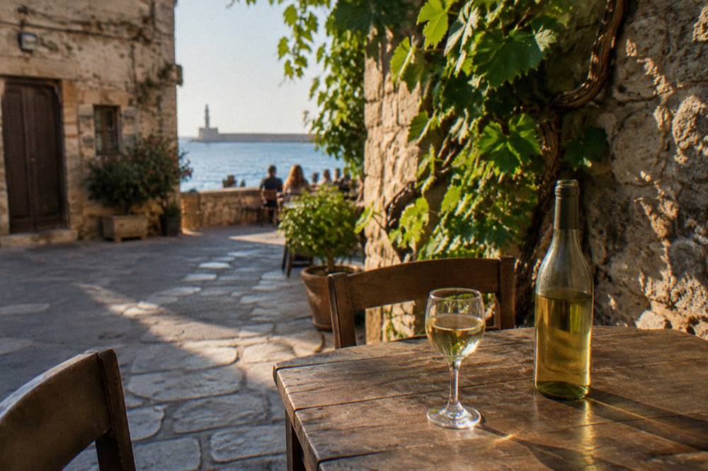 Wine glasses on a rustic outdoor table in a stone courtyard in the old town of Chania