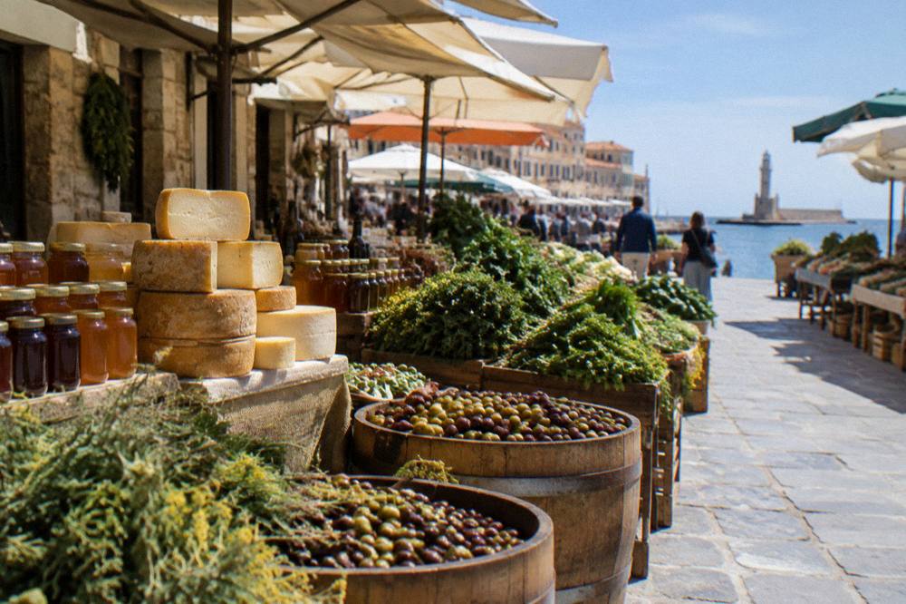 Stalls of cheese, honey, olives and wild greens in the covered market of Chania