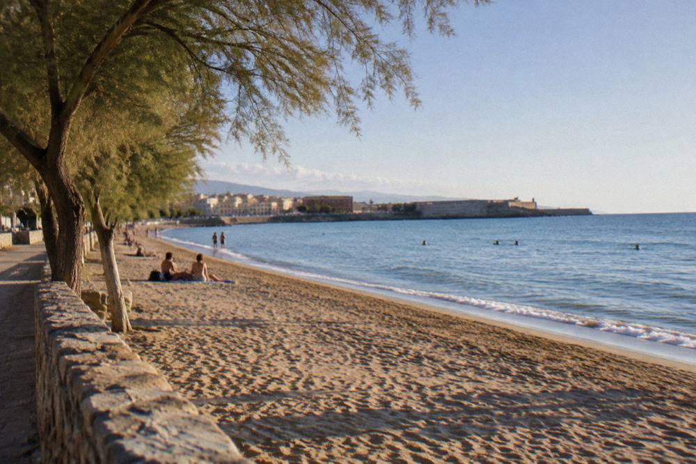 A public sandy beach with a low sea wall and tamarisk trees at Nea Chora in Chania