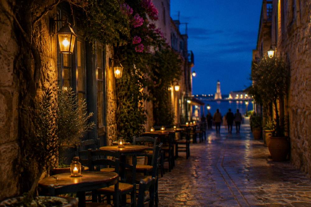 A narrow stone lane lit by warm lanterns at night in the old town of Chania with outdoor tables