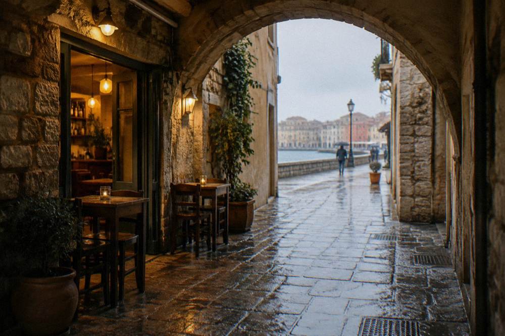 A covered stone passage under a round arch on a rainy day in the old town of Chania