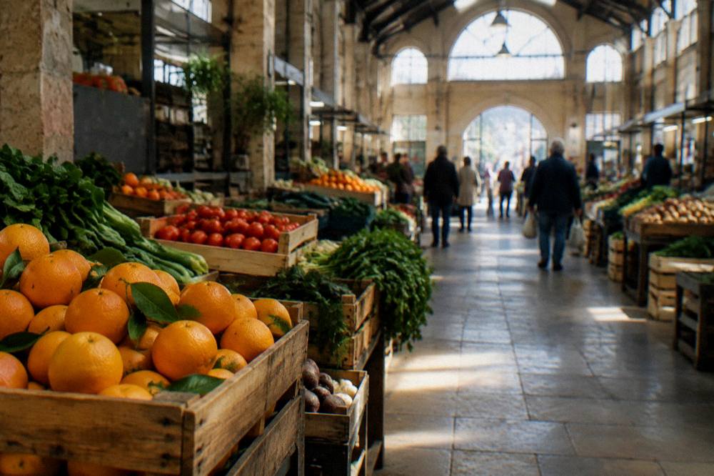 A covered market hall in Chania with crates of oranges and vegetables in soft light