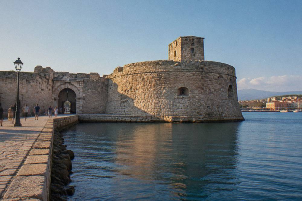 The Venetian stone fortress at the harbour mouth in Chania with a round bastion and arched gateway