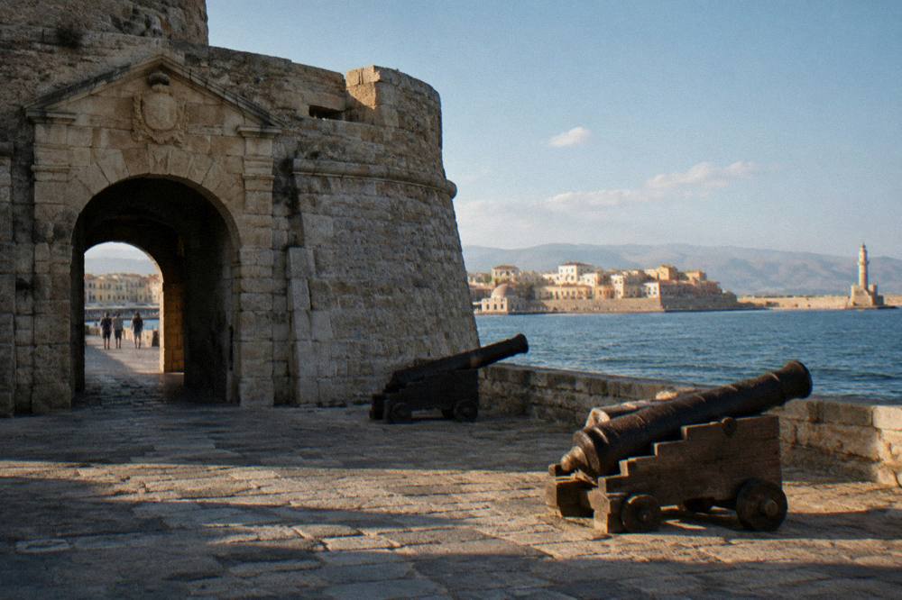 The stone gateway of the old fortress on the Chania waterfront housing the maritime museum