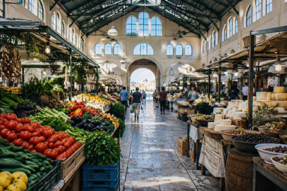 Stalls of fresh produce under the high roof of the covered municipal market in Chania